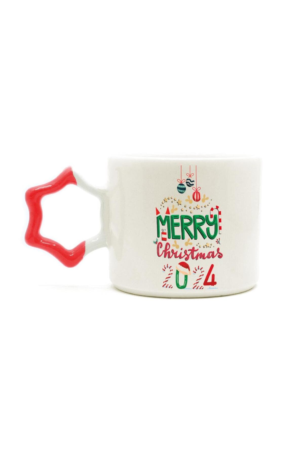 Merry Christmas 2024 Baskılı Kırmızı Kulplu Yıldız Kupa - Yılbaşı Hediyesi Bardak Fincan Mug