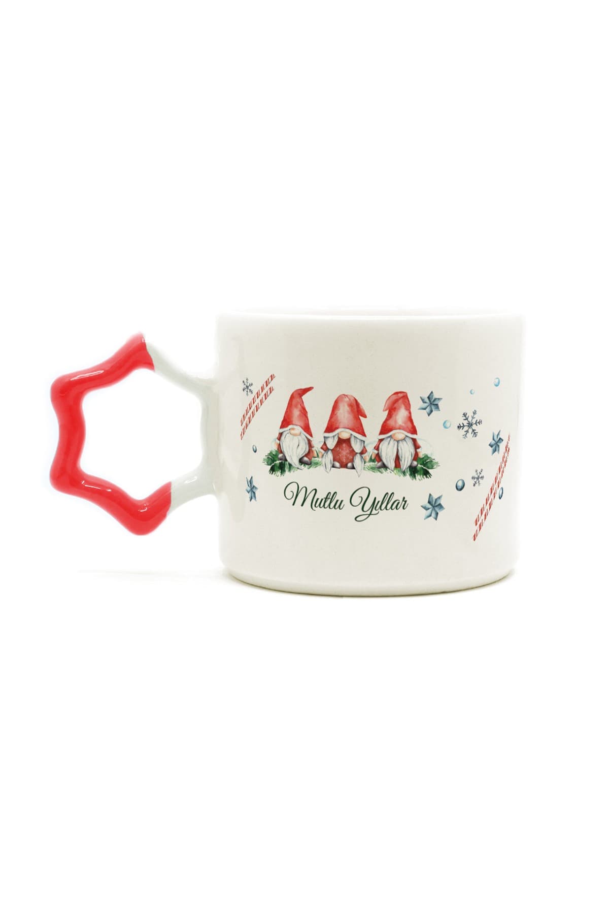 Mutlu Yıllar 3 Noel Baba Baskılı Kırmızı Kulplu Yıldız Kupa - Babaya Hediye Bardak Fincan Mug