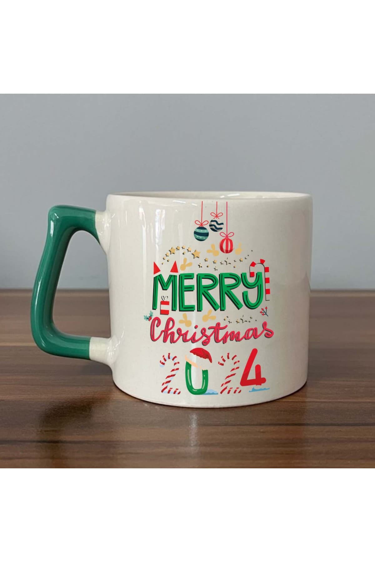 Merry Christmas 2024 Baskılı Yeşil Kulplu Prime Kupa - Yılbaşı Hediyesi Bardak Fincan Mug