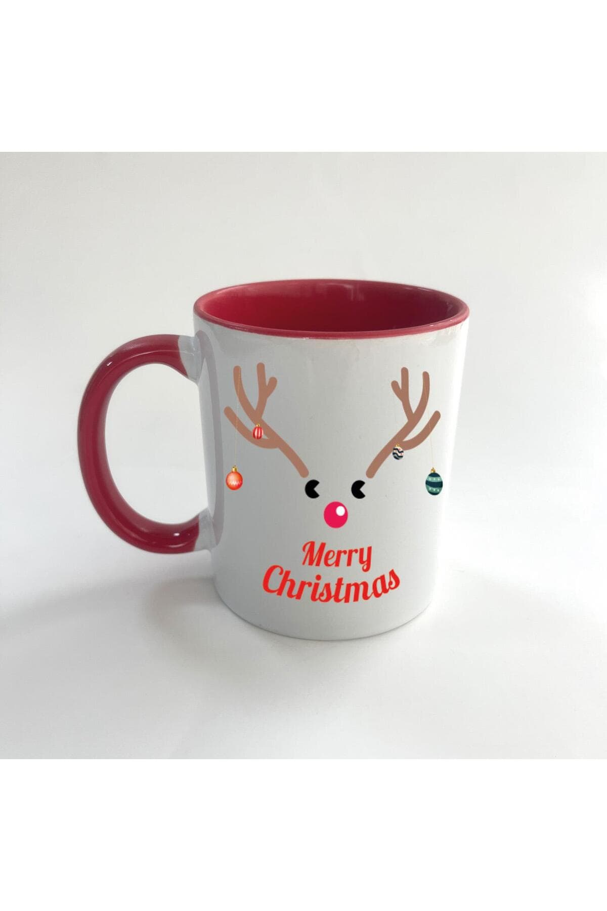 Merry Christmas Geyik Baskılı Kırmızı İçi ve Kulbu Renkli Mega Kupa - Yılbaşı Hediyesi Bardak Fincan