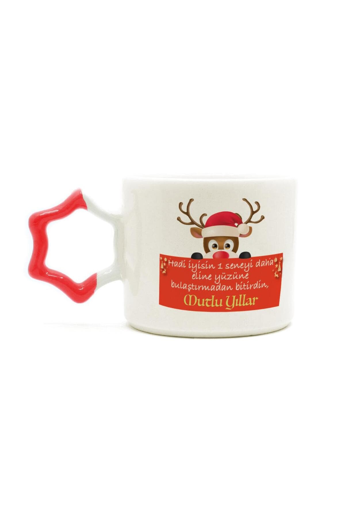 Hadi İyisin 1 Seneyi Daha Baskılı Kırmızı Kulplu Yıldız Kupa - Yılbaşı Hediyesi Bardak Fincan Mug
