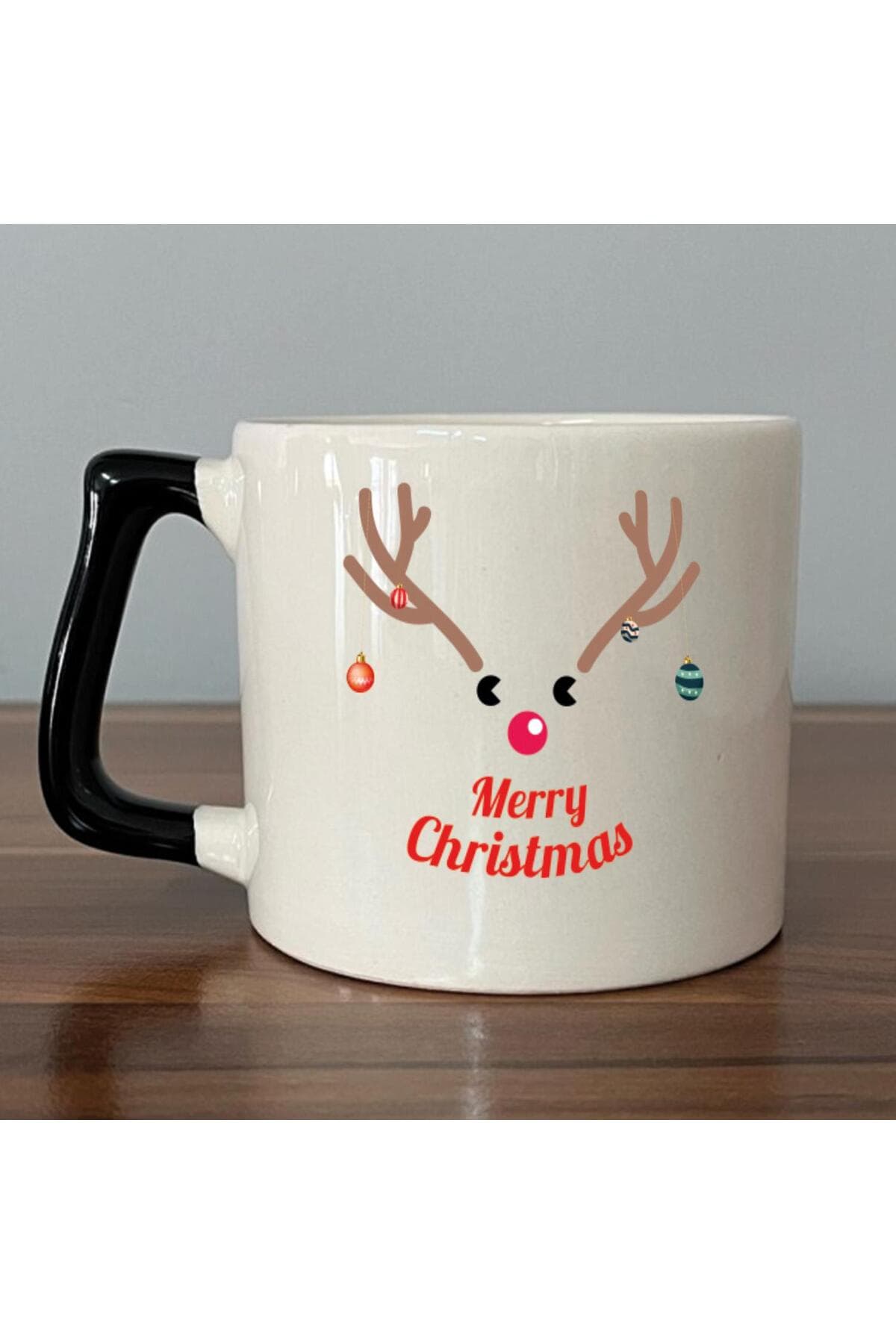 Merry Christmas Geyik Baskılı Siyah Kulplu Prime Kupa - Yılbaşı Hediyesi Bardak Fincan Mug