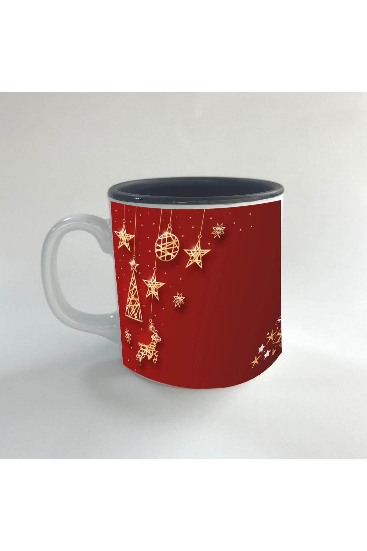 Çam Ağacı Süsleri Baskılı Siyah İçi Renkli Multi Kupa - Yılbaşı Hediyesi Bardak Fincan Mug