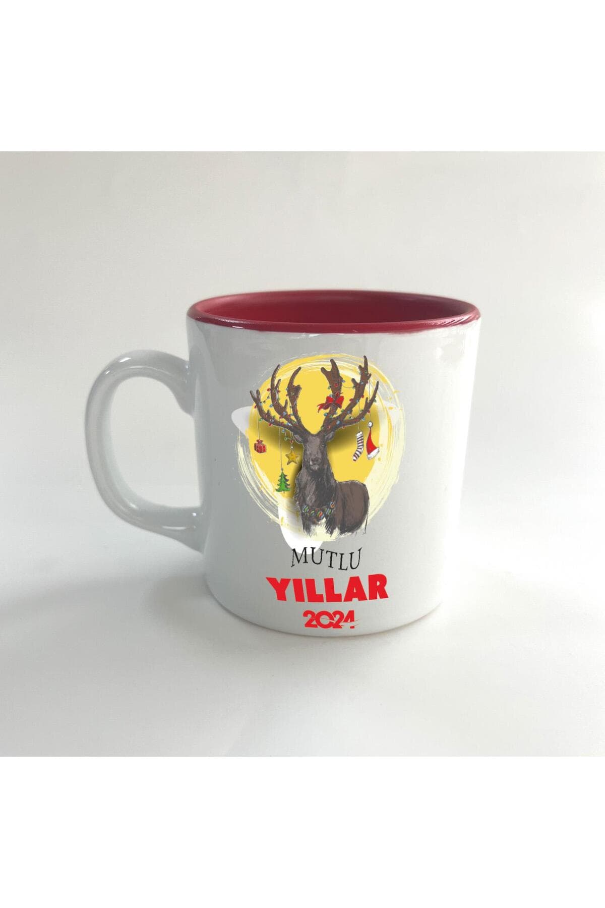 Mutlu Yıllar 2024 Geyik Baskılı Siyah İçi Renkli Multi Kupa - Yılbaşı Hediyesi Bardak Fincan Mug