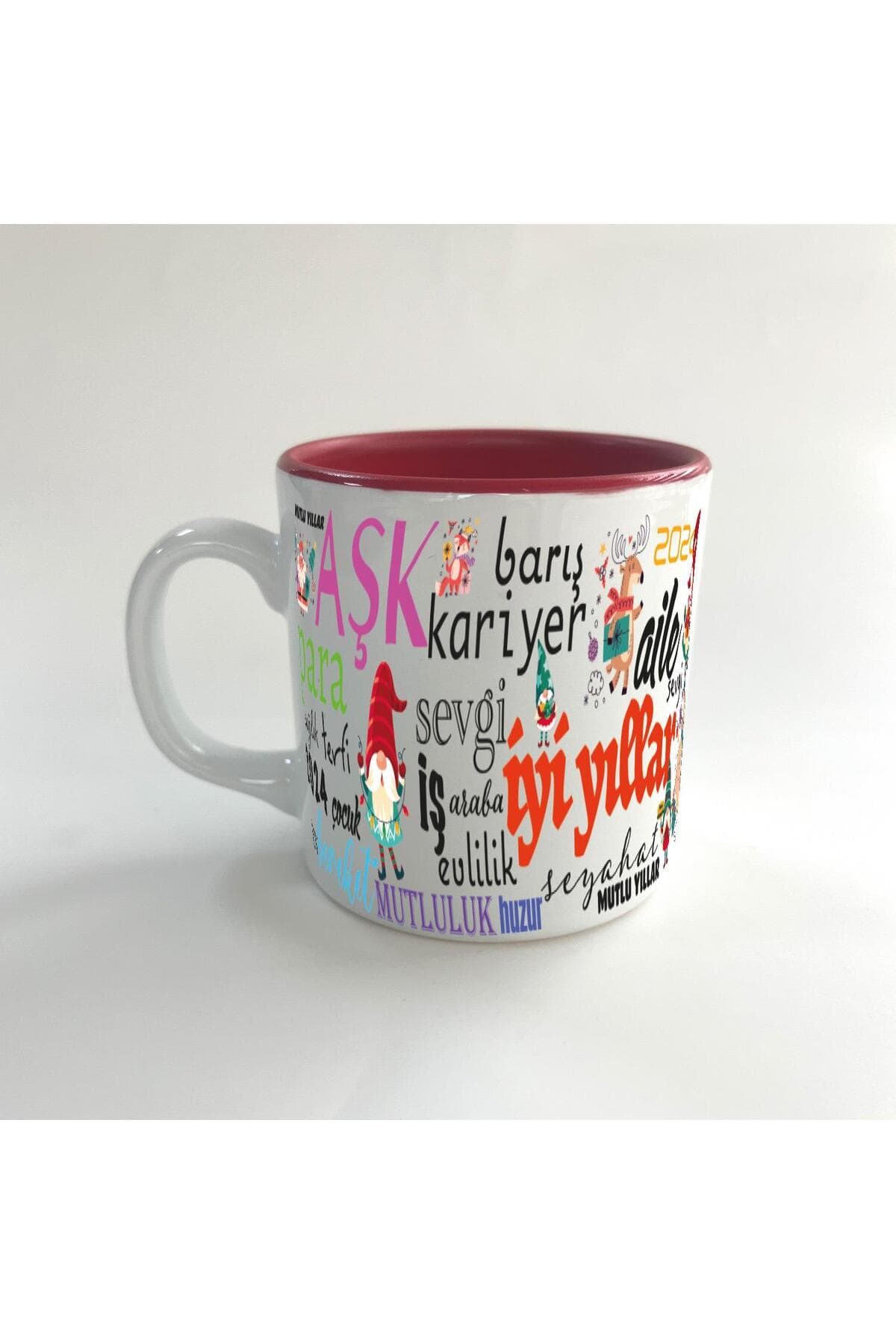 Dilekler Baskılı Kırmızı İçi Renkli Multi Kupa - Yılbaşı Hediyesi Bardak Fincan Mug