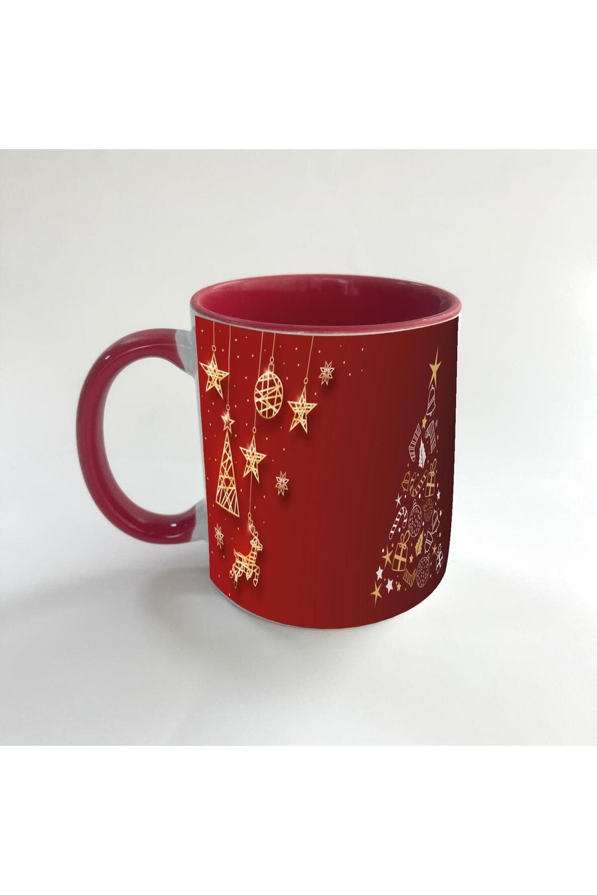 Çam Ağacı Süsleri Baskılı Kırmızı İçi ve Kulbu Renkli Mega Kupa - Yılbaşı Hediyesi Bardak Fincan Mug