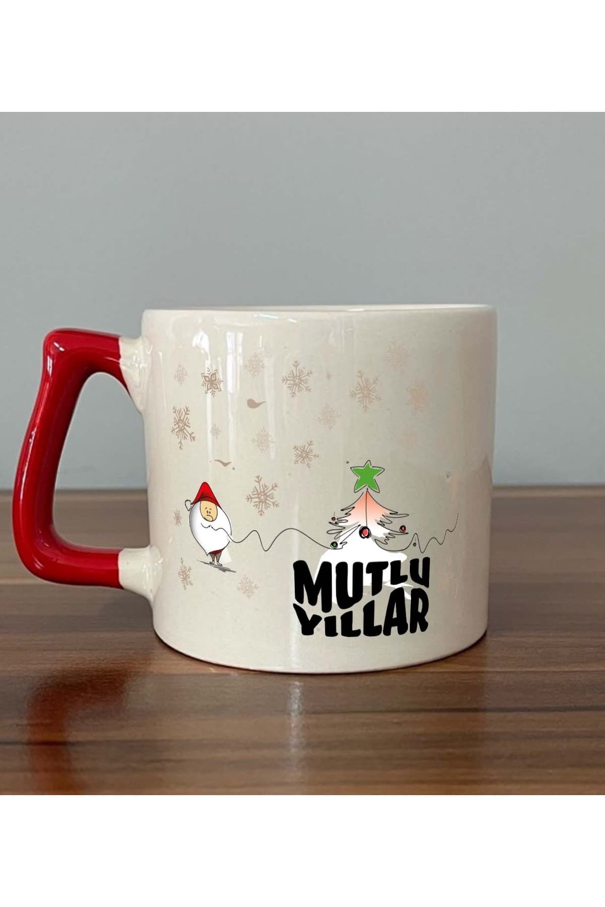 Mutlu Yıllar Kar Taneleri Baskılı Kırmızı Kulplu Prime Kupa - Yılbaşı Hediyesi Bardak Fincan Mug
