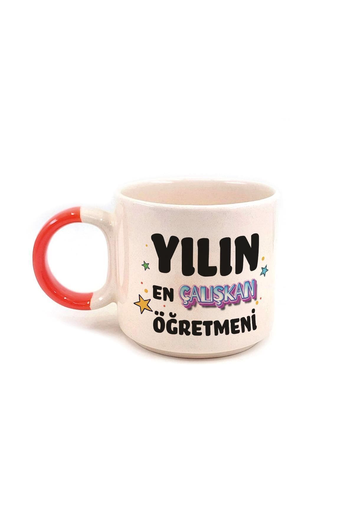 Yılın En Çalışkan Öğretmeni Baskılı Kırmızı Kulplu P Kupa - Öğretmenler Günü Hediyesi Bardak Fincan