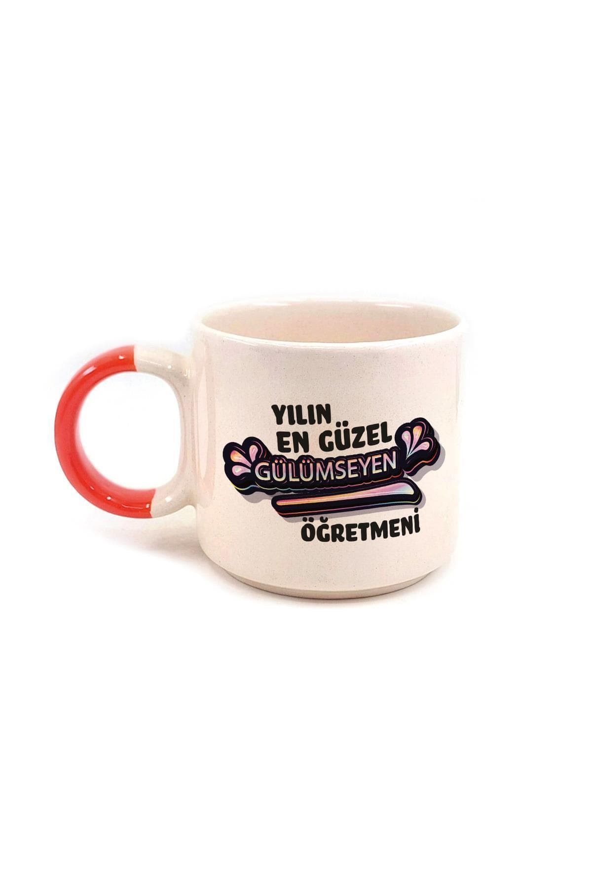 Yılın En Güzel Gülümseyen Öğretmeni Baskılı Kırmızı Kulplu P Kupa - Öğretmenler Günü Hediyesi Bardak