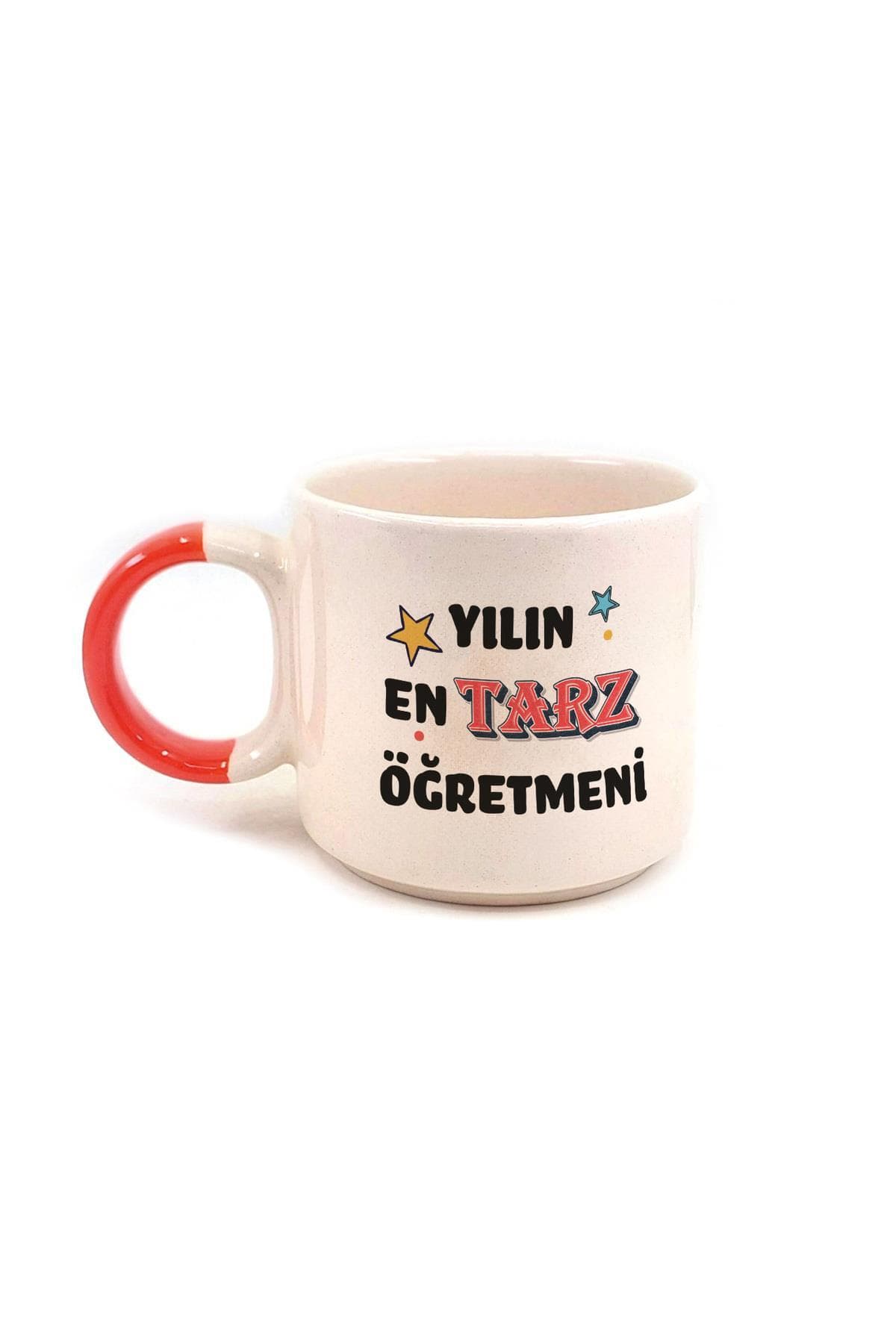 Yılın En Tarz Öğretmeni Baskılı Kırmızı Kulplu P Kupa - Öğretmenler Günü Hediyesi Bardak Fincan Mug