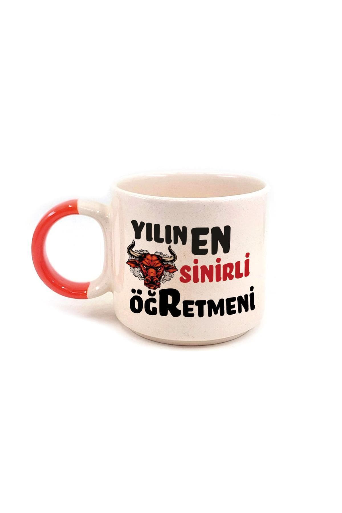 Yılın En Sinirli Öğretmeni Baskılı Kırmızı Kulplu P Kupa - Öğretmenler Günü Hediyesi Bardak Fincan