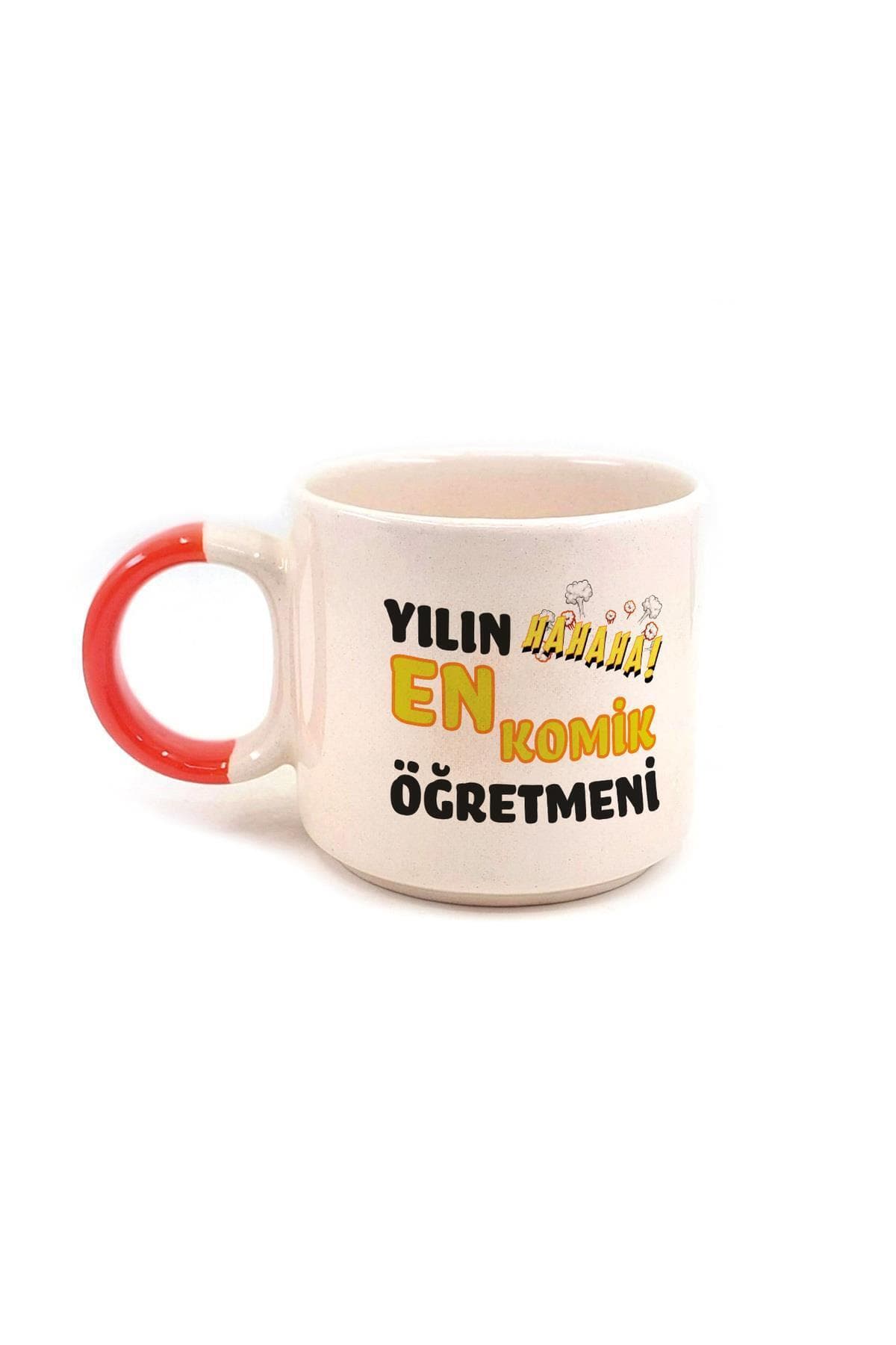 Yılın En Komik Öğretmeni Baskılı Kırmızı Kulplu P Kupa - Öğretmenler Günü Hediyesi Bardak Fincan Mug