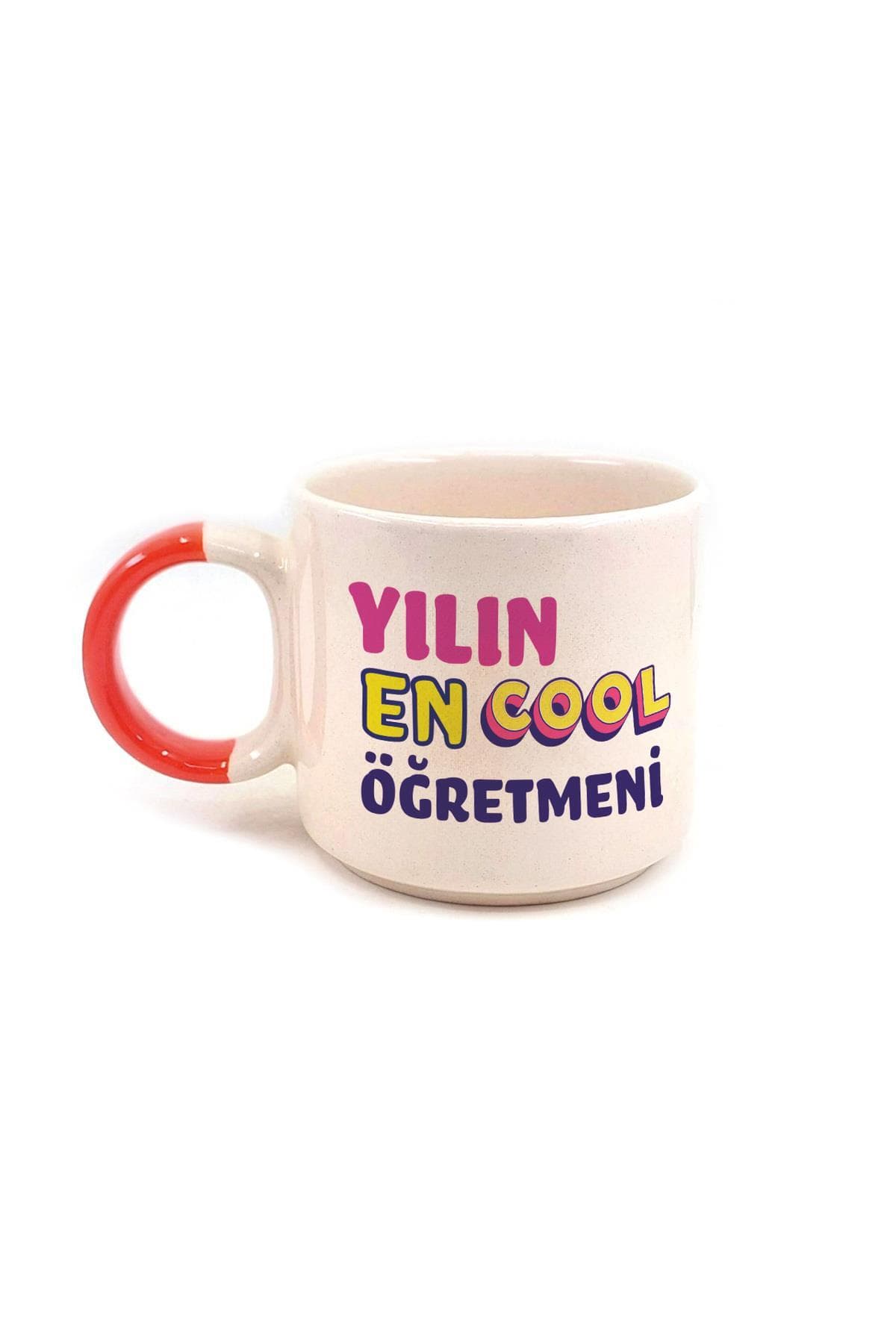Yılın En Cool Öğretmen Baskılı Kırmızı Kulplu P Kupa - Öğretmenler Günü Hediyesi Bardak Fincan Mug