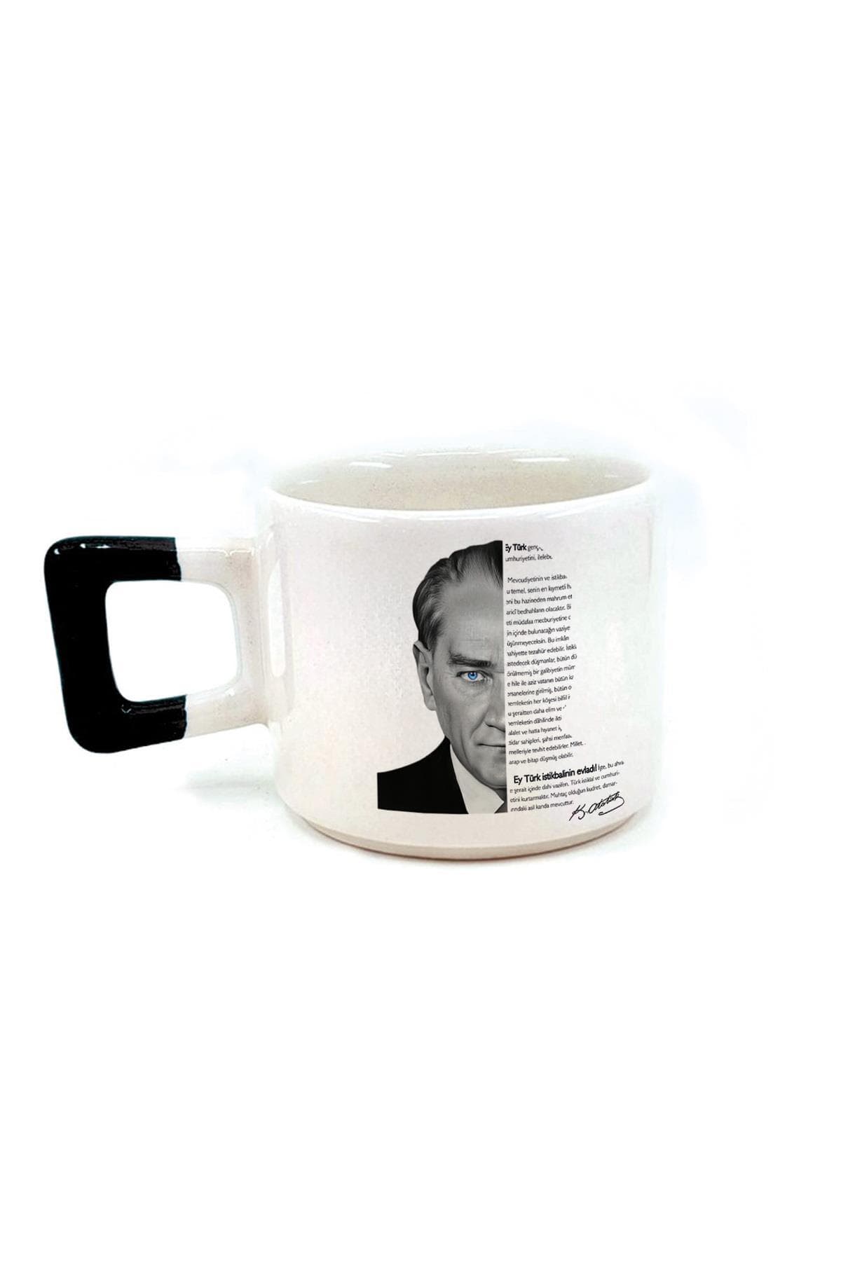 Siyah Beyaz Atatürk Baskılı Kulplu Kare Kupa Bardak Fincan Mug