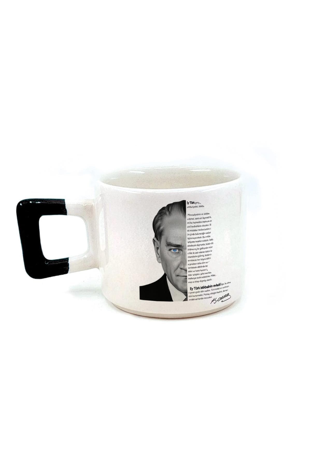 Siyah Beyaz Atatürk Baskılı Siyah Kulplu Kare Kupa Bardak Fincan Mug