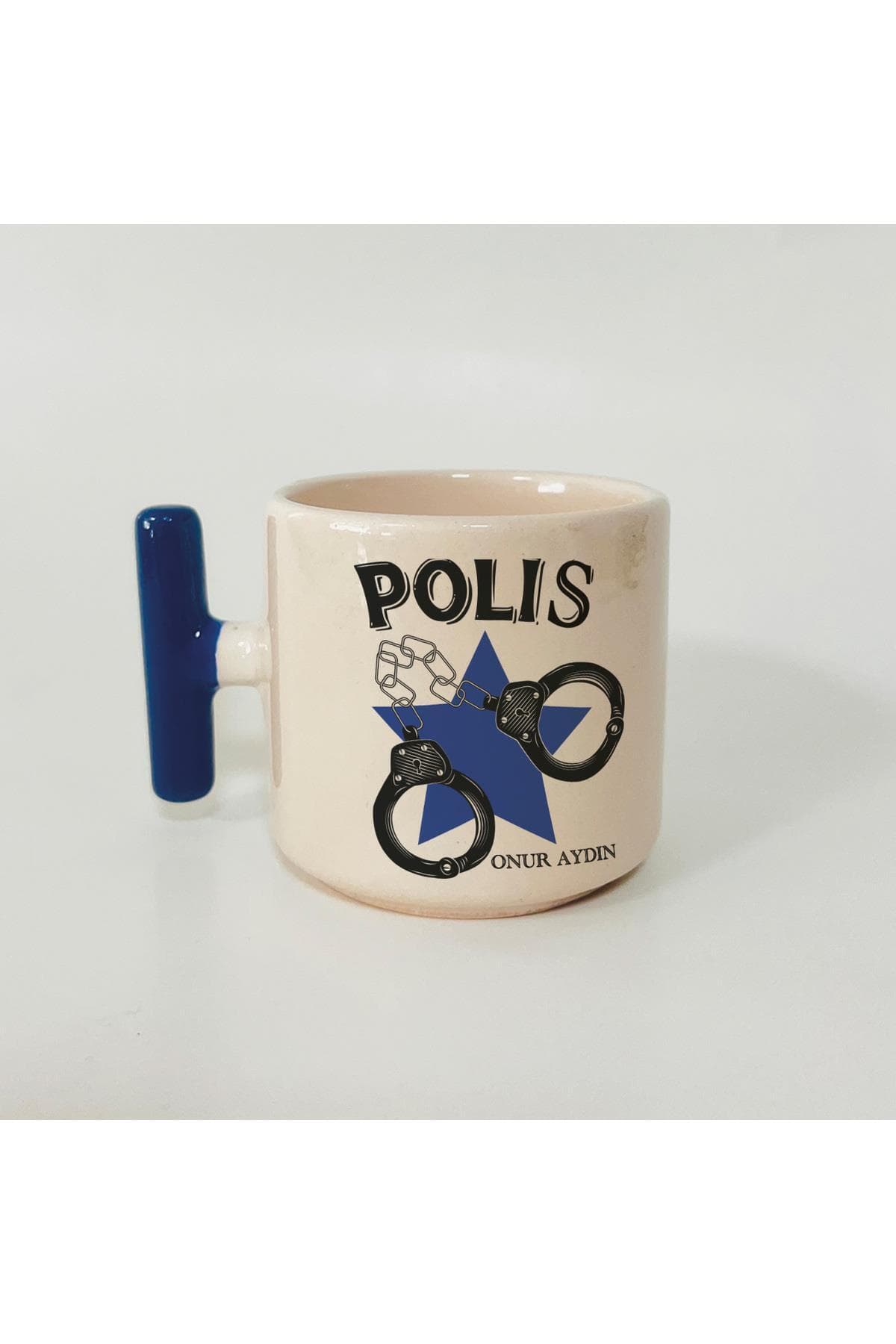 Kişiye Özel Polis Kelepçe Baskılı Mavi Kulplu T Kupa - Polise Hediye Bardak Fincan Mug