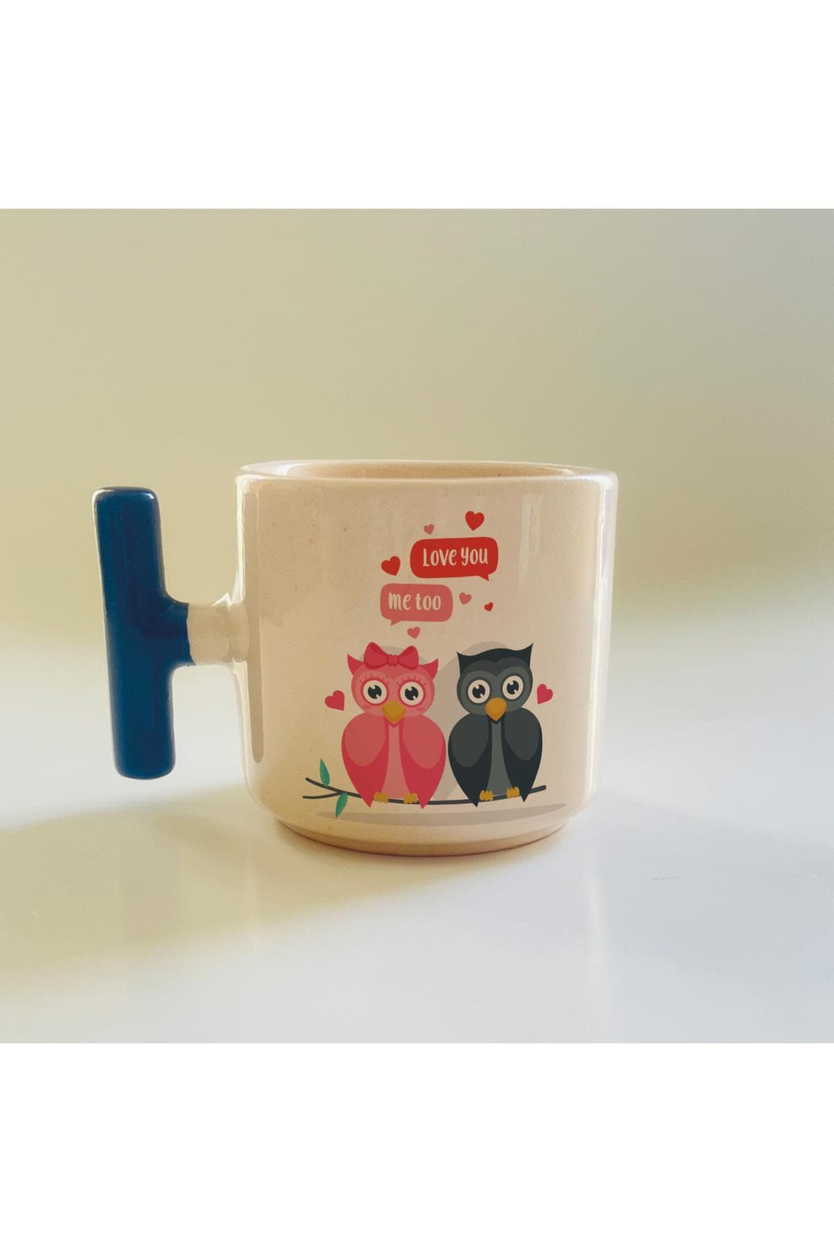 Love You Kuşlar Baskılı Mavi Kulplu T Kupa Bardak Fincan Mug