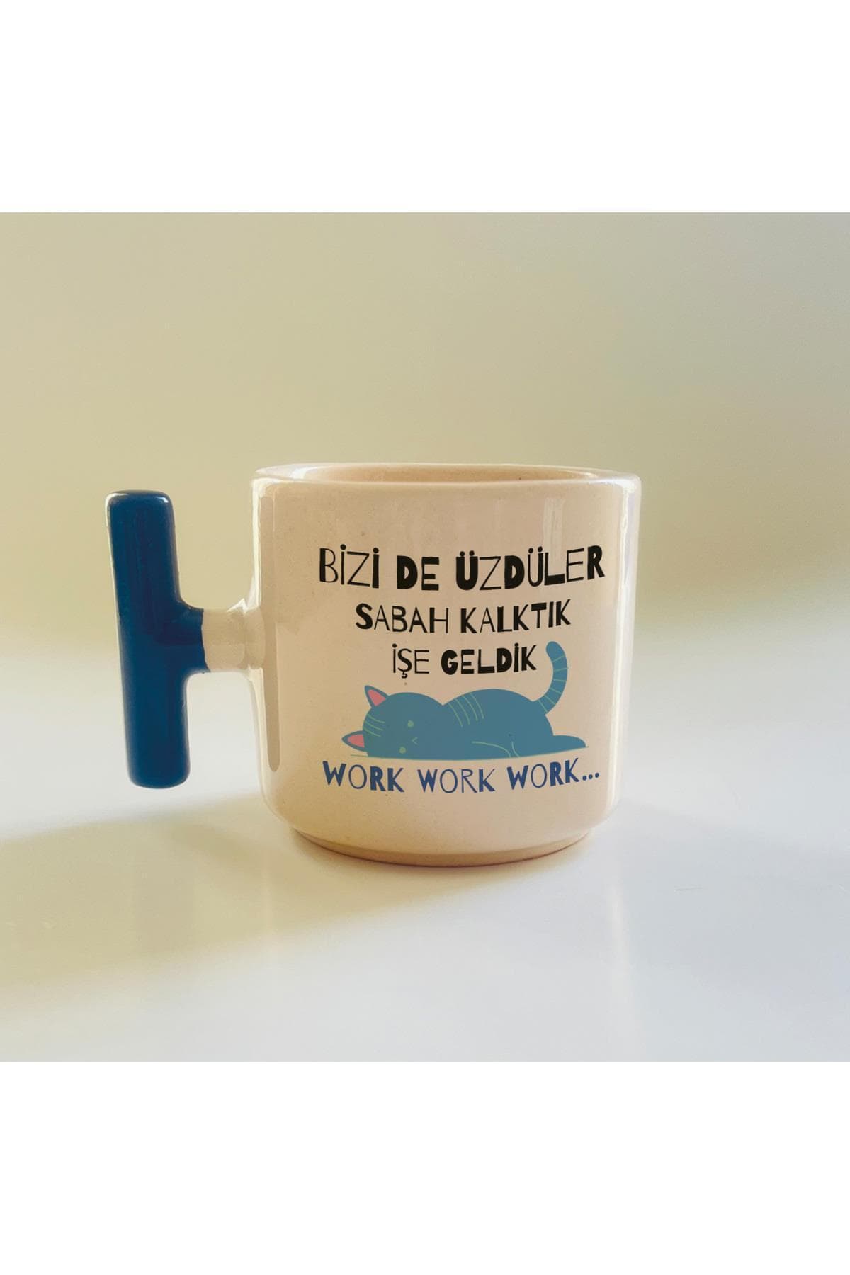 Bizi De Üzdüler Mavi Kedi Baskılı Mavi Kulplu T Kupa Bardak Fincan Mug