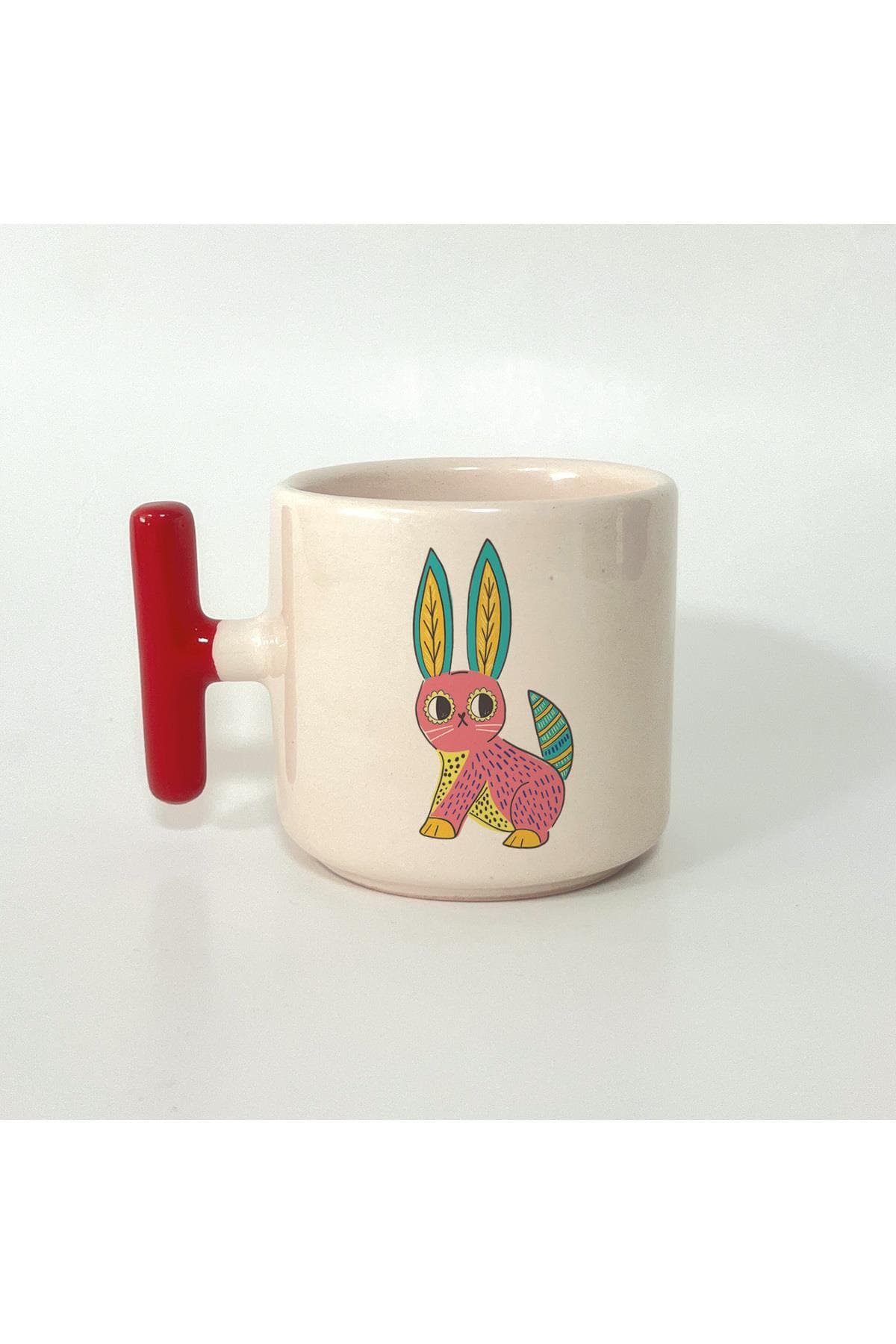 Tavşan Baskılı Kırmızı Kulplu T Kupa Bardak Fincan Mug