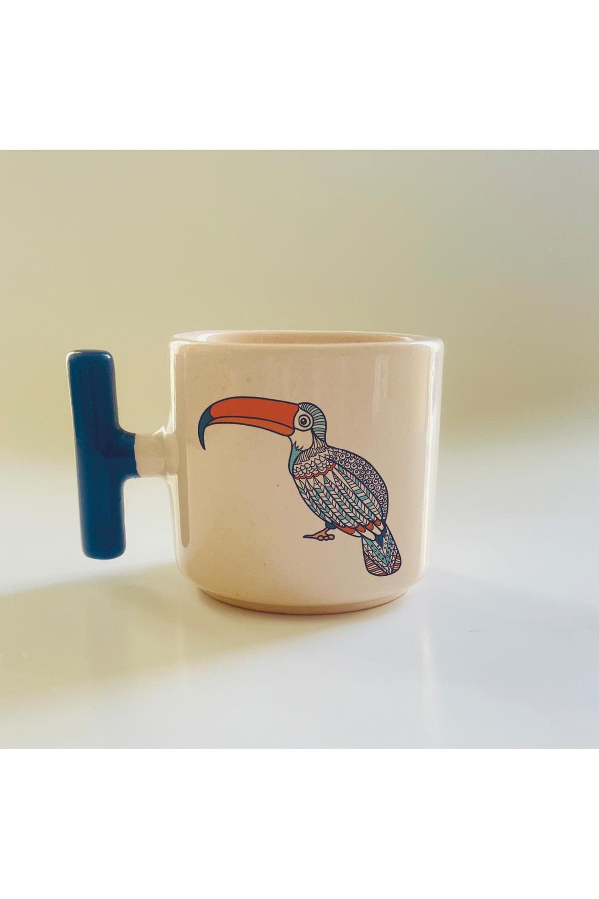 Turuncu Gagalı Papağan Baskılı Mavi Kulplu T Kupa Bardak Fincan Mug