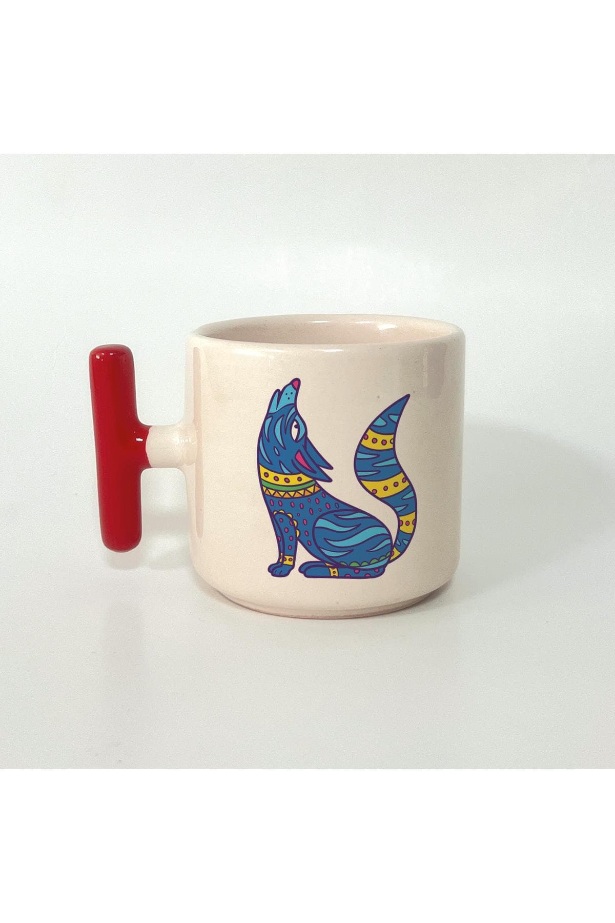 Mavi Kurt Baskılı Kırmızı Kulplu T Kupa Bardak Fincan Mug