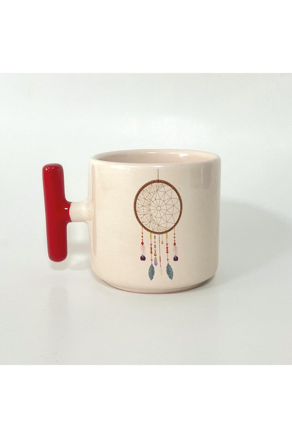 Büyük Düş Kapanı Baskılı Kırmızı Kulplu T Kupa Bardak Fincan Mug