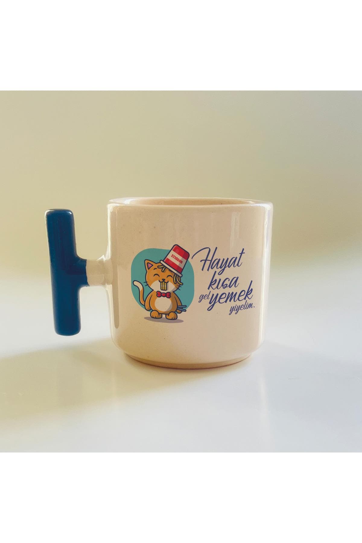 Hayat Kısa Gel Yemek Yiyelim Baskılı Mavi Kulplu T Kupa Bardak Fincan Mug