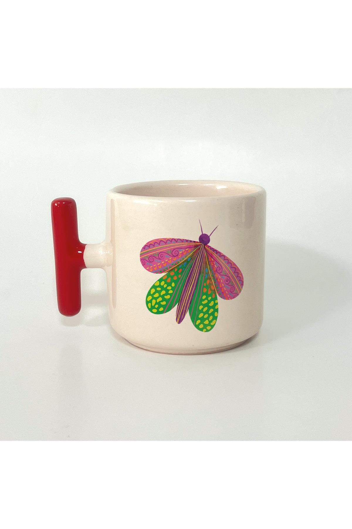 Kelebek Baskılı Kırmızı Kulplu T Kupa Bardak Fincan Mug