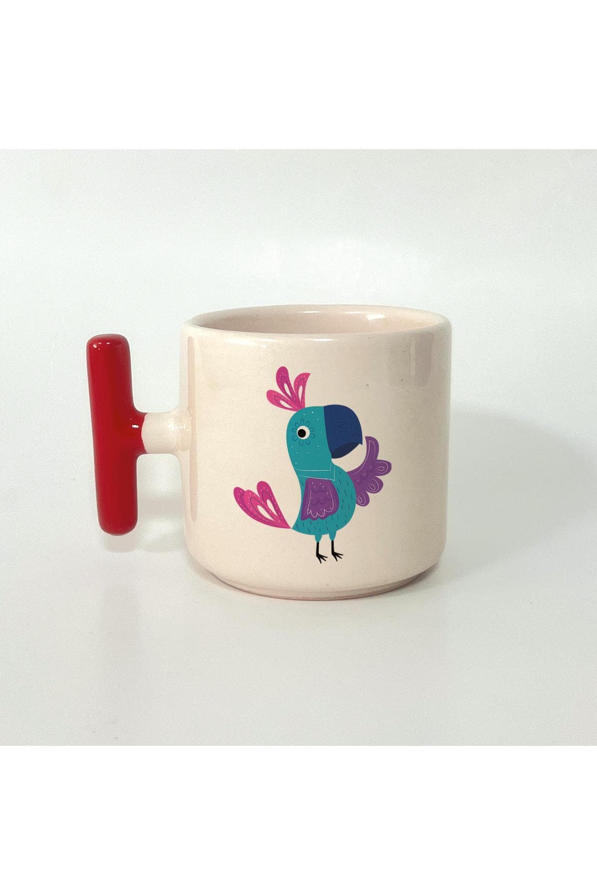 Papağan Baskılı Kırmızı Kulplu T Kupa Bardak Fincan Mug