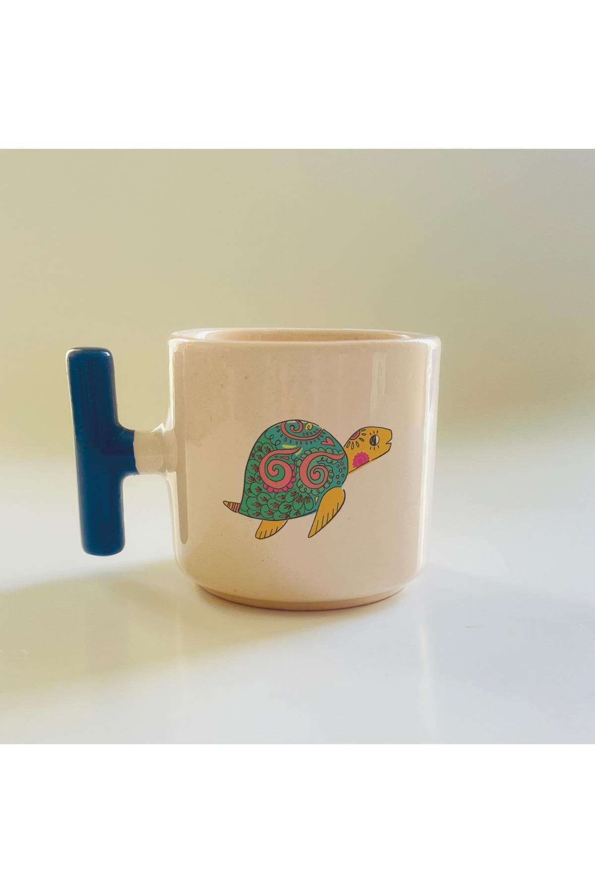 Su Kaplumbağası Baskılı Mavi Kulplu T Kupa Bardak Fincan Mug