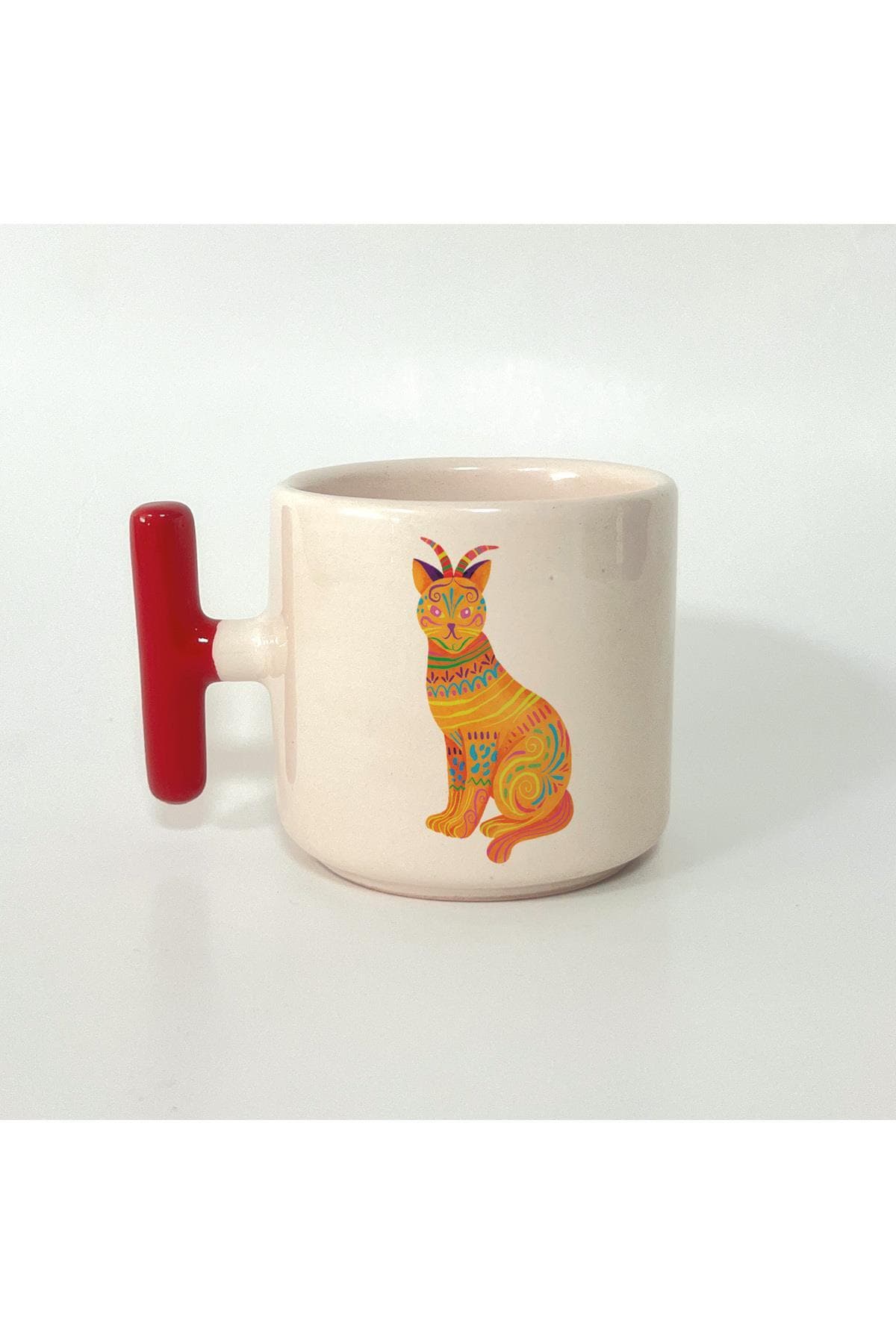 Sarı Kedi Baskılı Kırmızı Kulplu T Kupa Bardak Fincan Mug