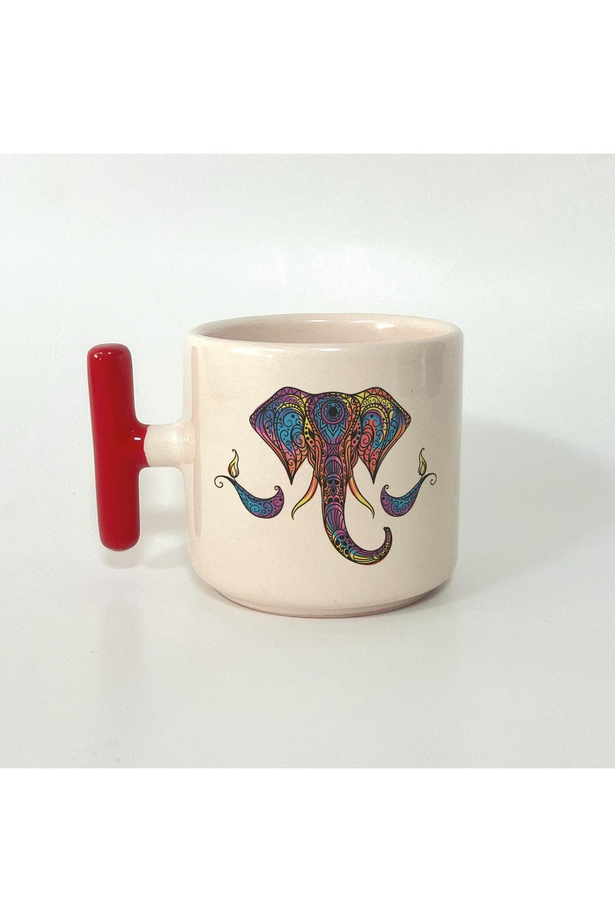 Fil Yüz Baskılı Kırmızı Kulplu T Kupa Bardak Fincan Mug
