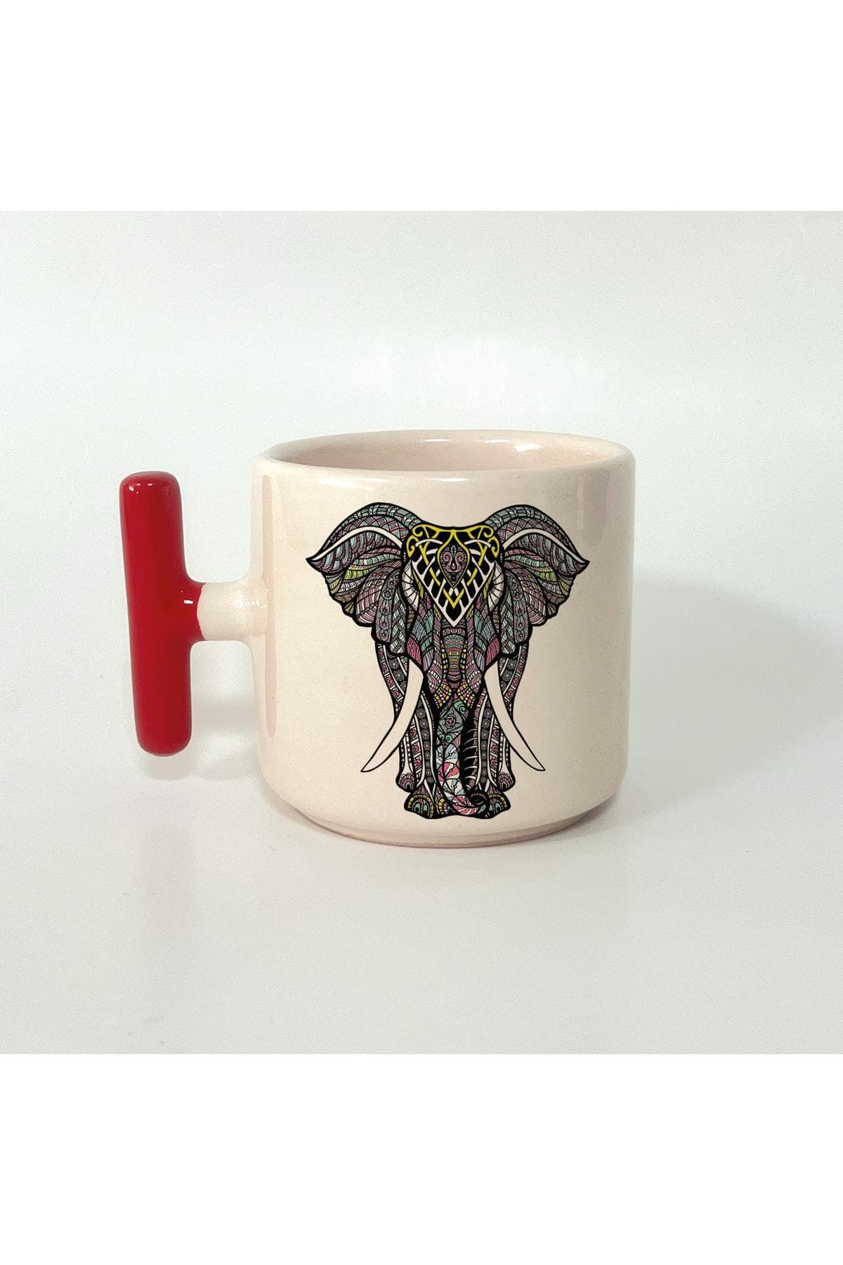 Fil Baskılı Kırmızı Kulplu T Kupa Bardak Fincan Mug Model 00289