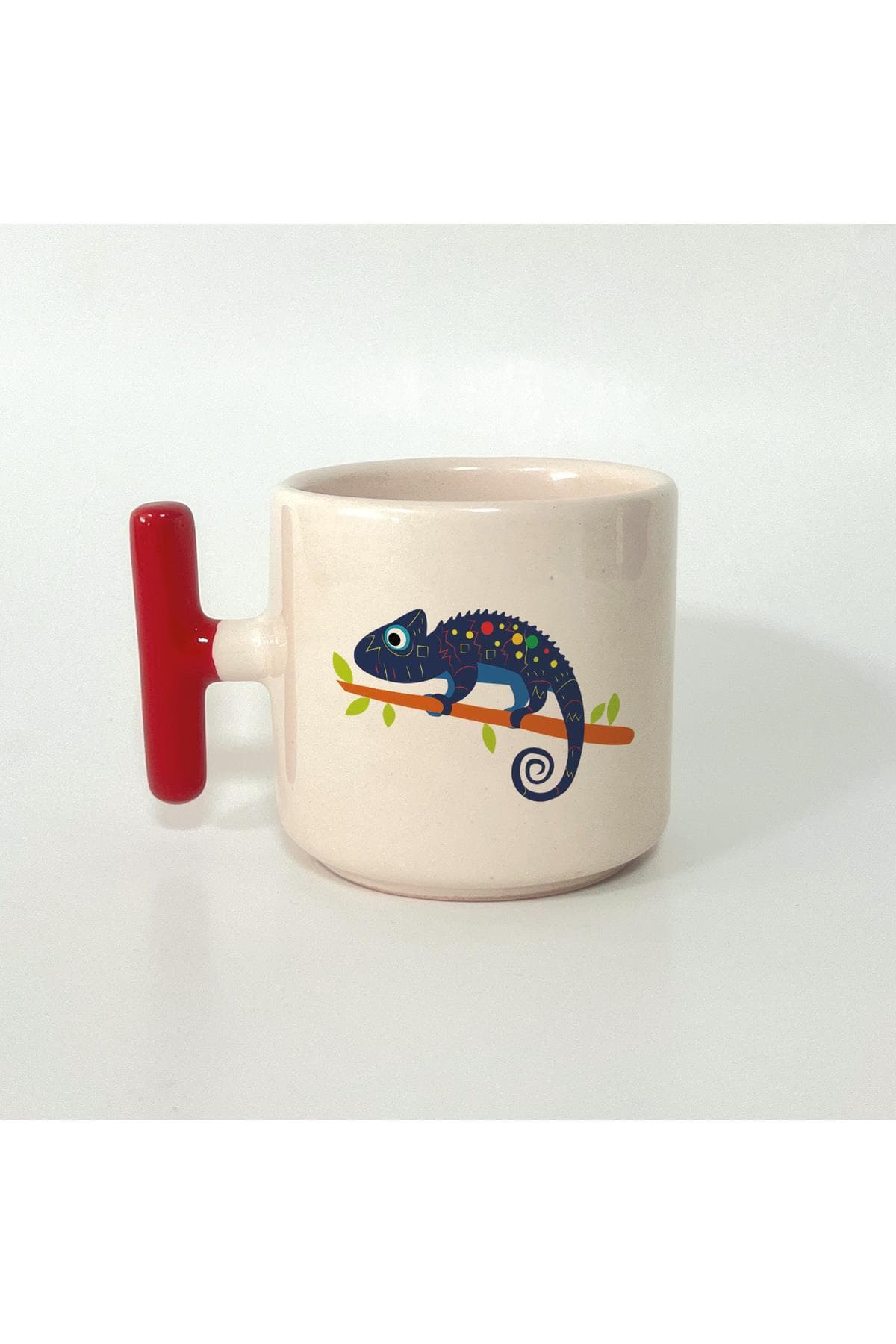 Mavi Bukalemun Baskılı Kırmızı Kulplu T Kupa Bardak Fincan Mug