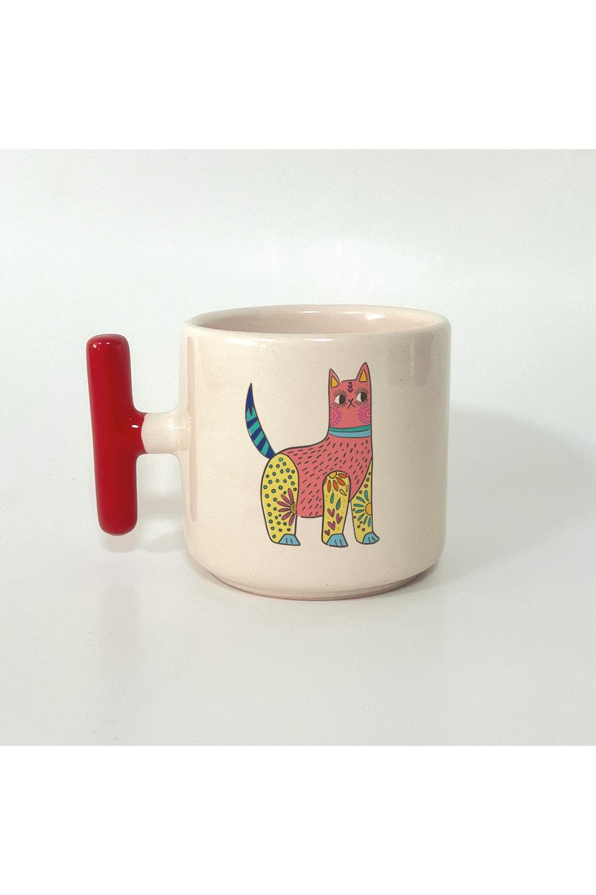 Sarı Pembe Kedi Baskılı Kırmızı Kulplu T Kupa Bardak Fincan Mug