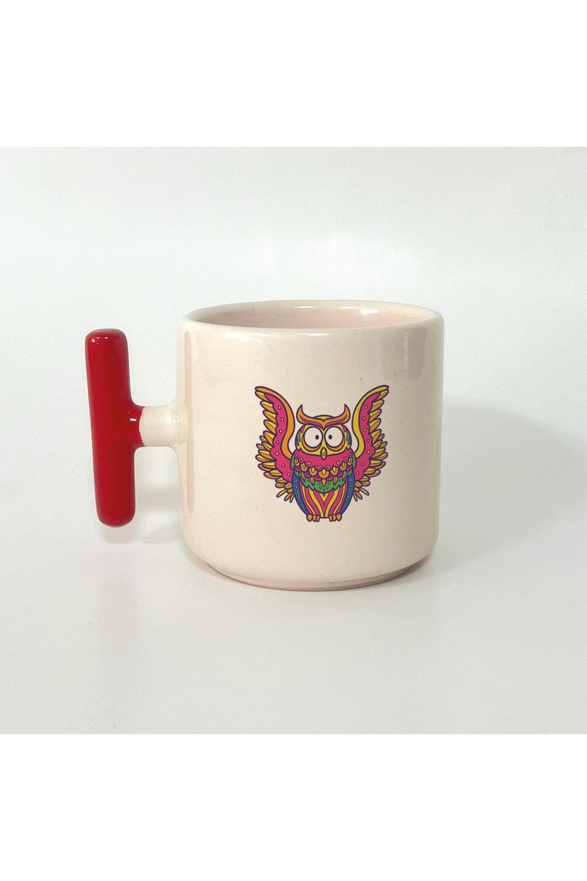 Uçan Baykuş Baskılı Kırmızı Kulplu T Kupa Bardak Fincan Mug