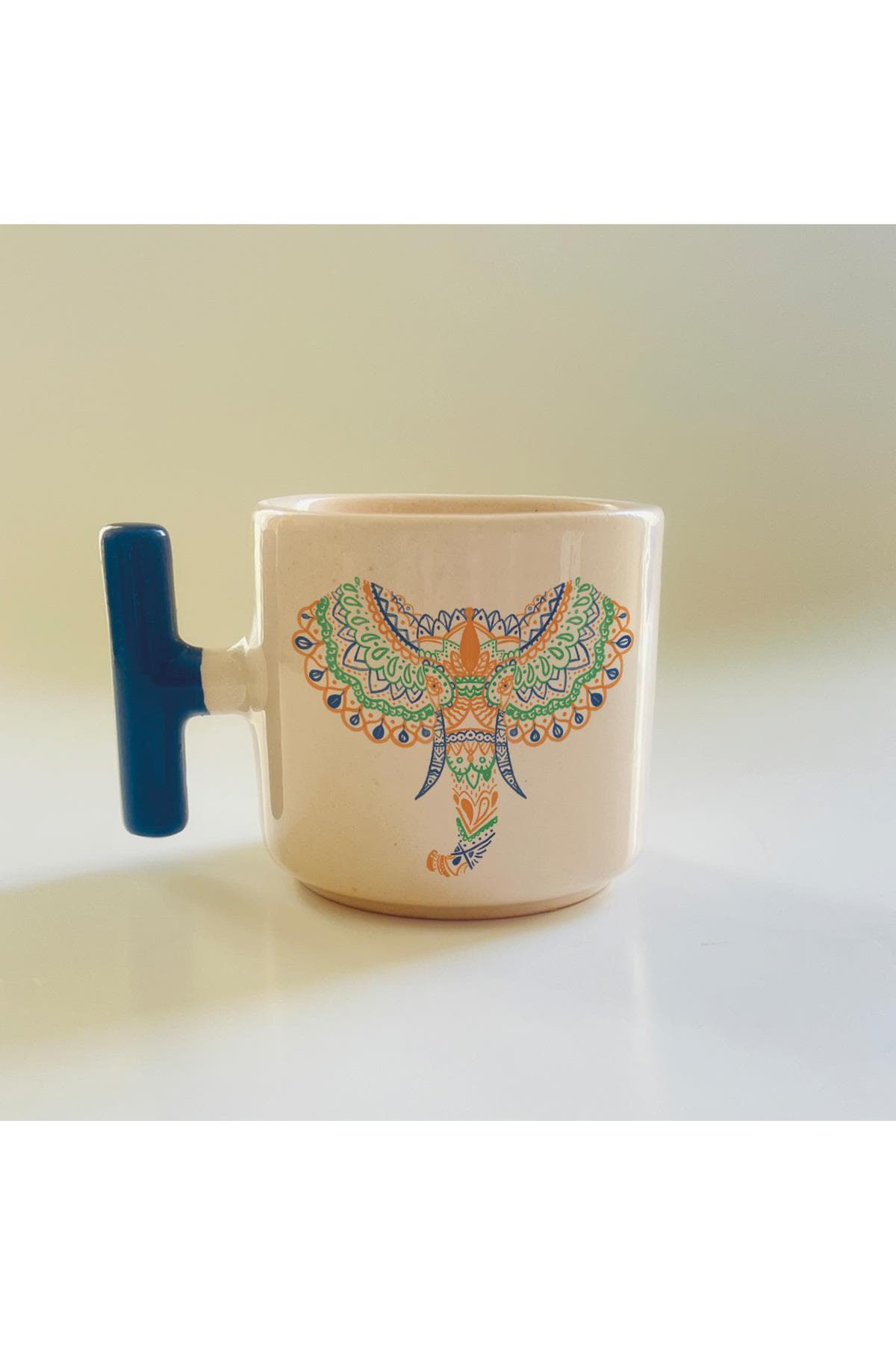İşlemeli Fil Yüz Baskılı Mavi Kulplu T Kupa Bardak Fincan Mug