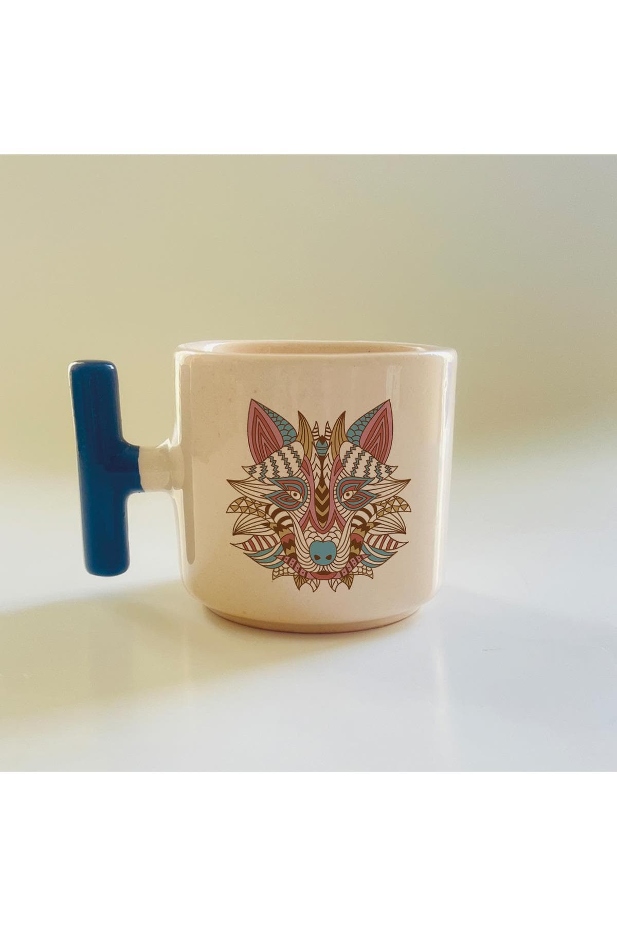 Etnik Kurt Baskılı Mavi Kulplu T Kupa Bardak Fincan Mug