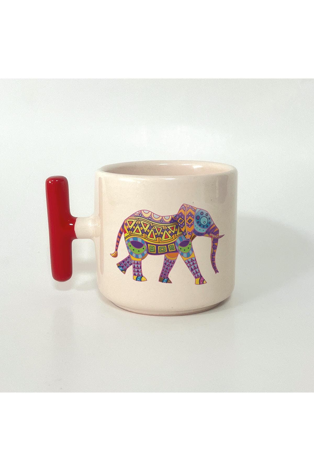Yürüyen Fil Baskılı Kırmızı Kulplu T Kupa Bardak Fincan Mug