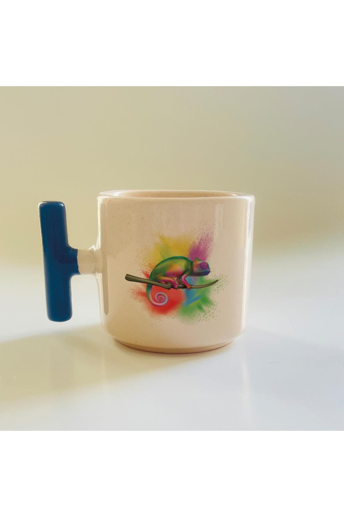 Rengarek Bukalemun Baskılı Mavi Kulplu T Kupa Bardak Fincan Mug
