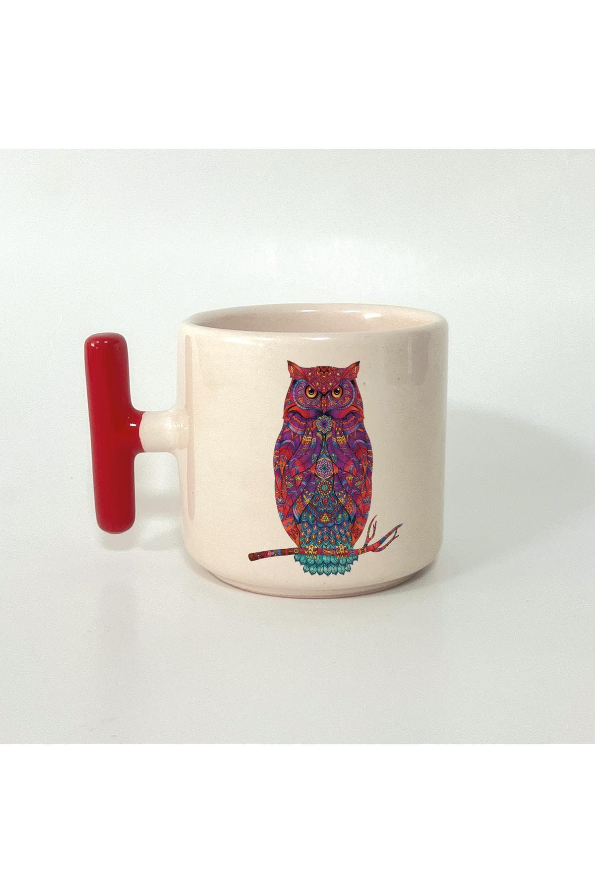 Renkli Baykuş Baskılı Kırmızı Kulplu T Kupa Bardak Fincan Mug