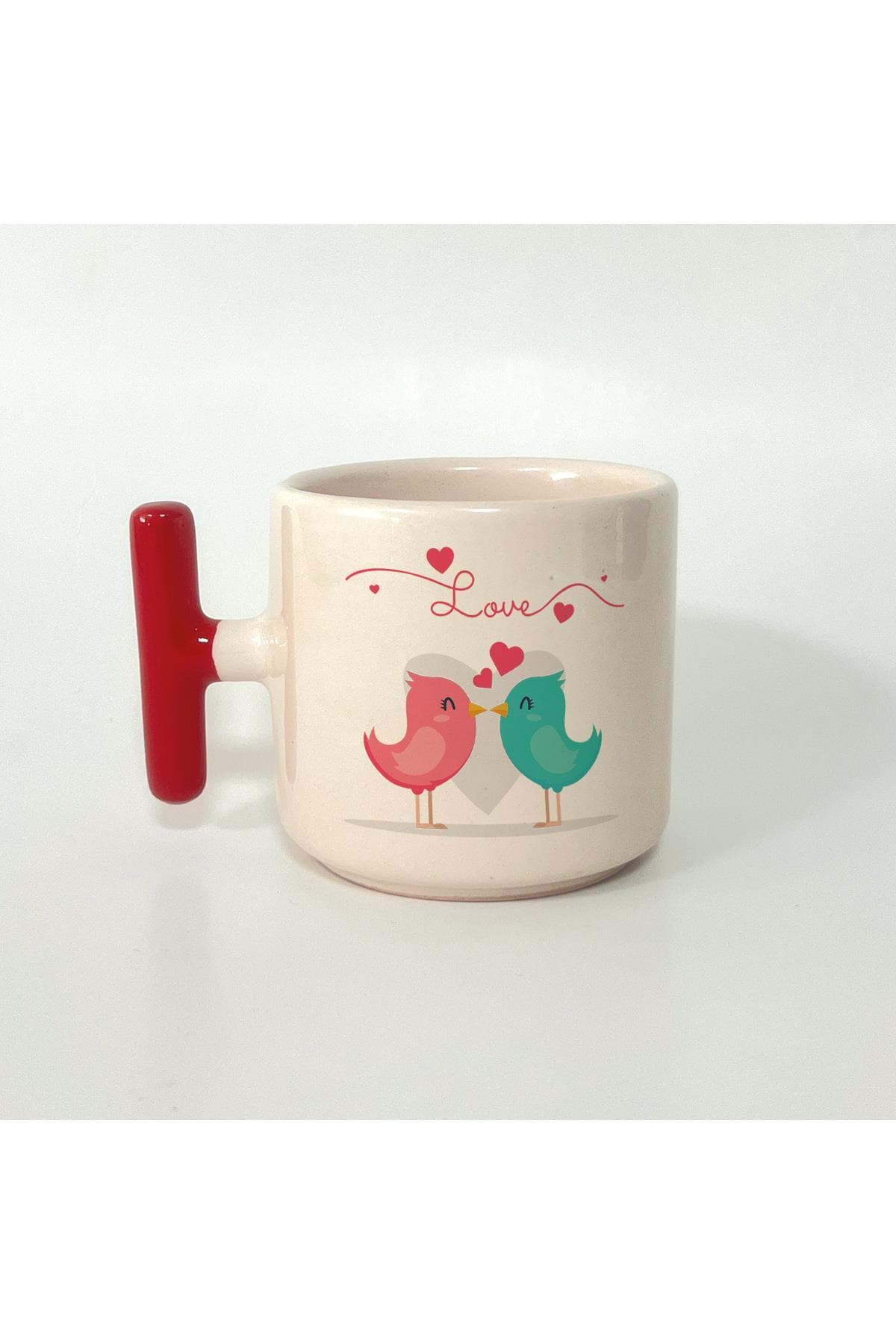 Love Kuşlar Baskılı Kırmızı Kulplu T Kupa Bardak Fincan Mug