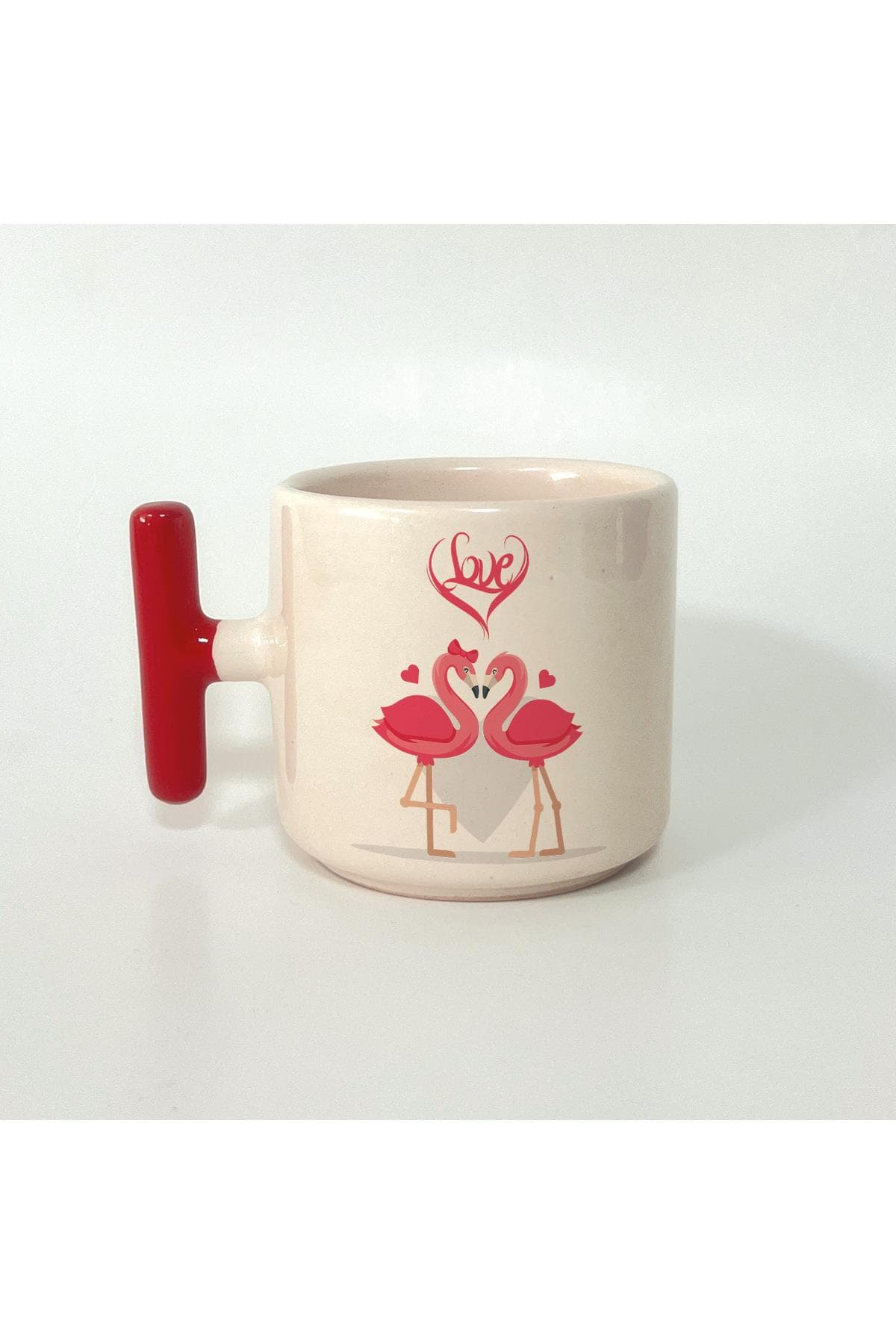 Love Flamingolar Baskılı Kırmızı Kulplu T Kupa Bardak Fincan Mug