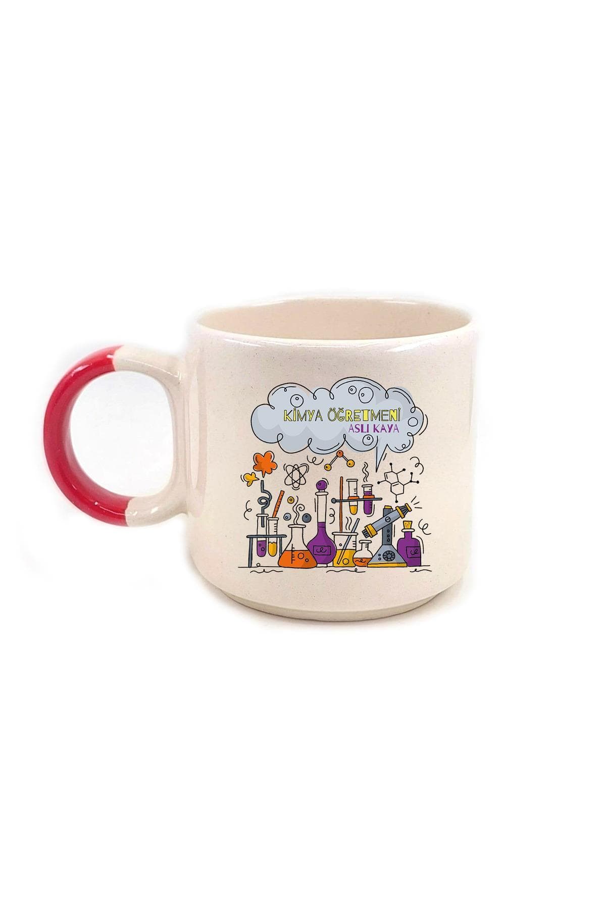 Kişiye Özel Kimya Öğretmeni Baskılı Kırmızı Kulplu P Kupa - Öğretmene Hediye Bardak Fincan Mug