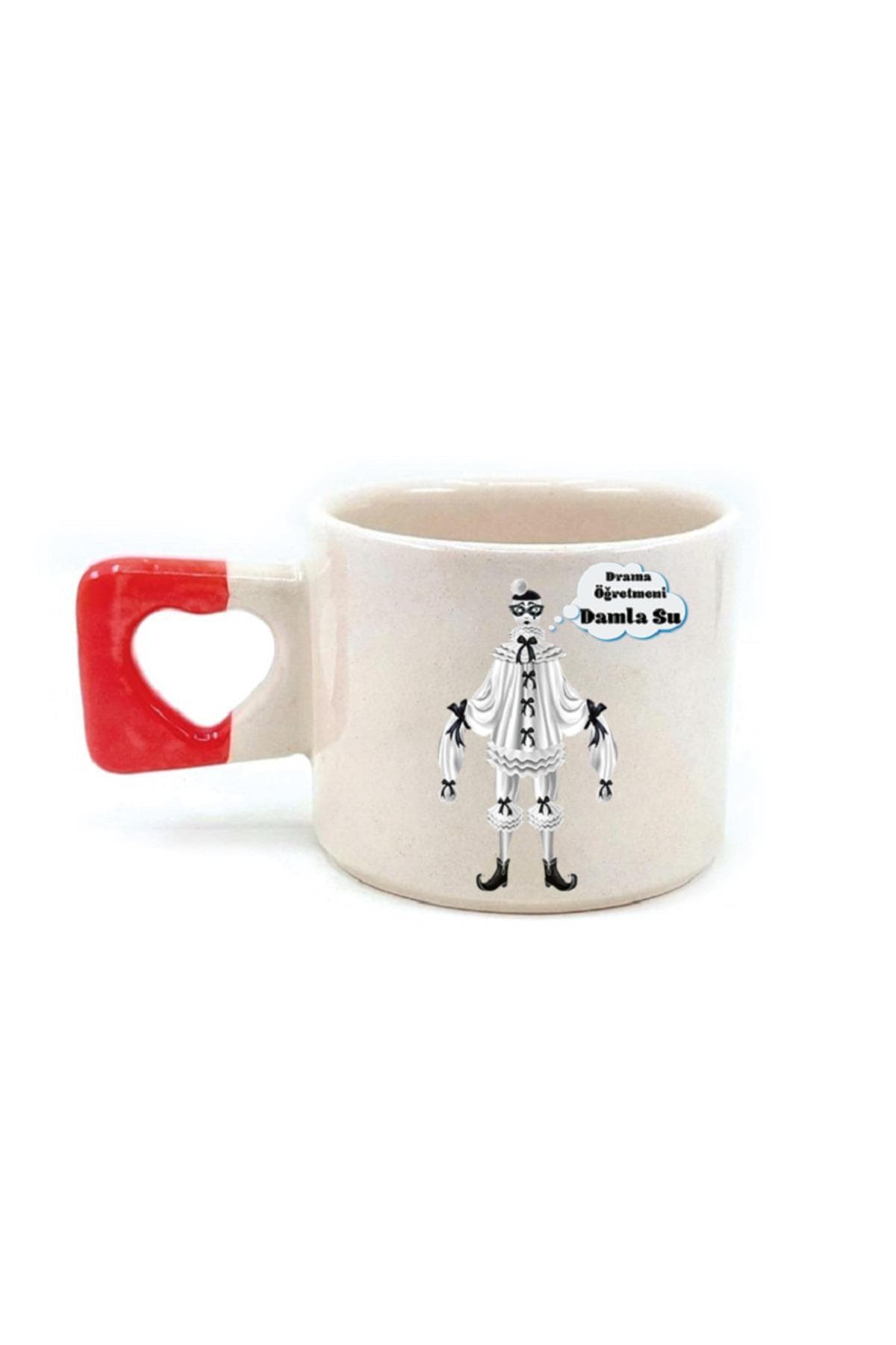 Kişiye Özel Drama Öğretmeni Baskılı Kırmızı Kulplu Kalp Kupa - Öğretmene Hediye Bardak Fincan Mug