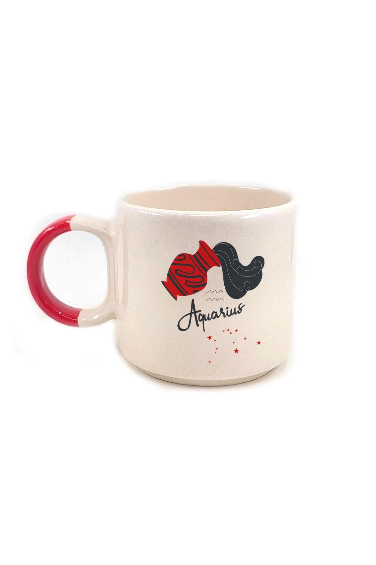 Kova Burcu Simgesi Baskılı Kırmızı Kulplu P Kupa Bardak Fincan Mug