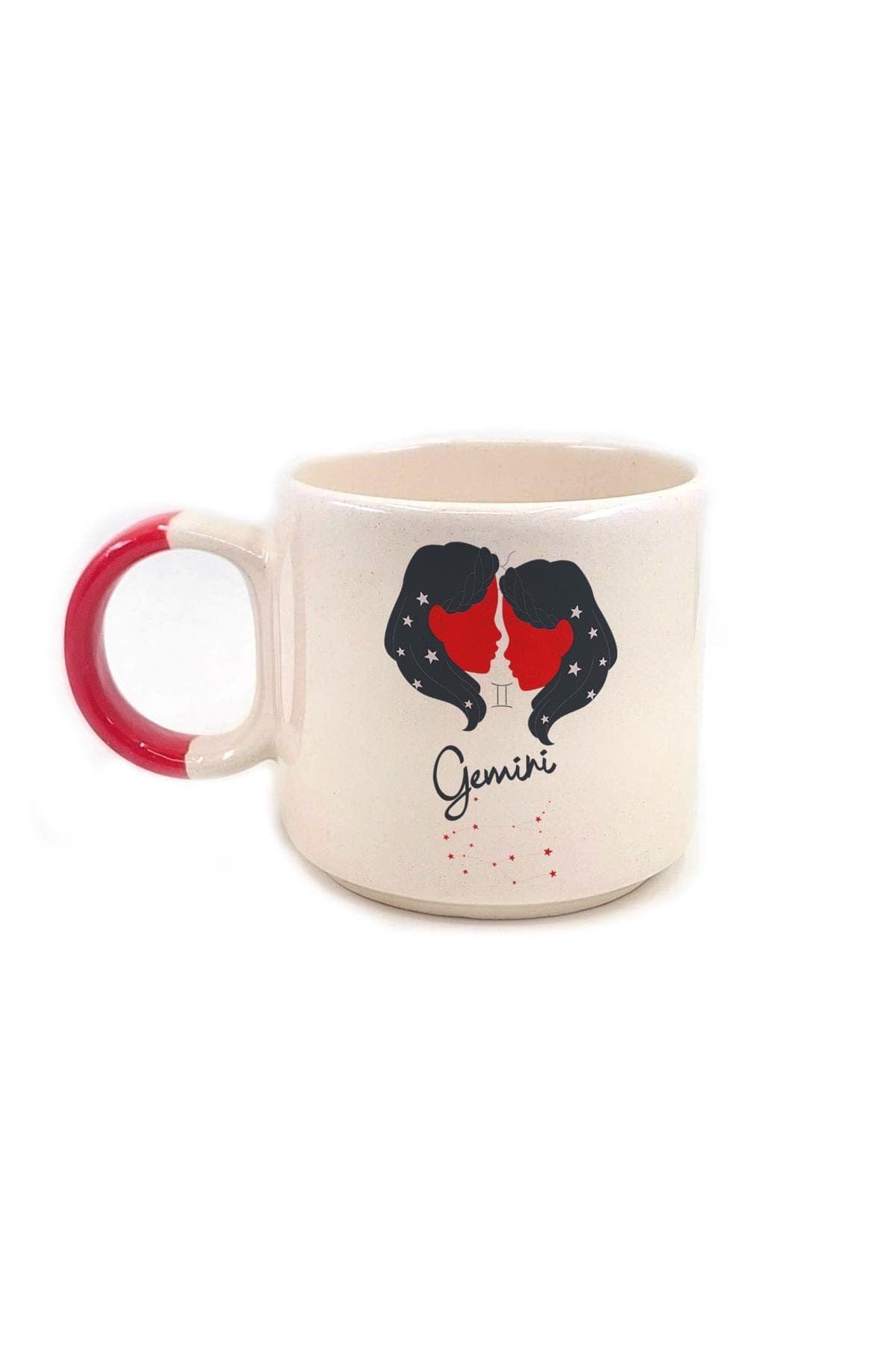 İkizler Burcu Simgesi Baskılı Kırmızı Kulplu P Kupa Bardak Fincan Mug