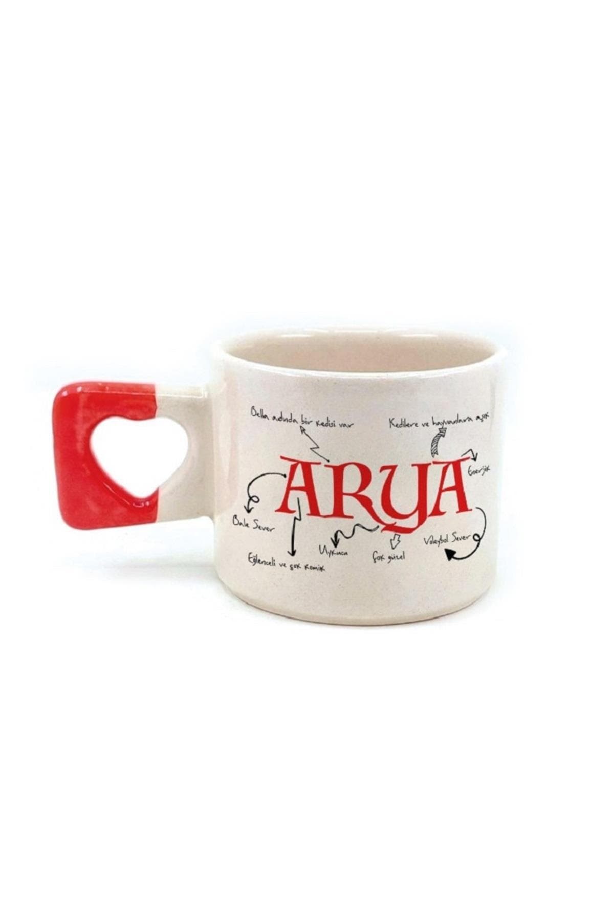 Kişiye Özel Isim ve Kişi Özellikleri Baskılı Kırmızı Kulplu Kalp Kupa Bardak Fincan Mug
