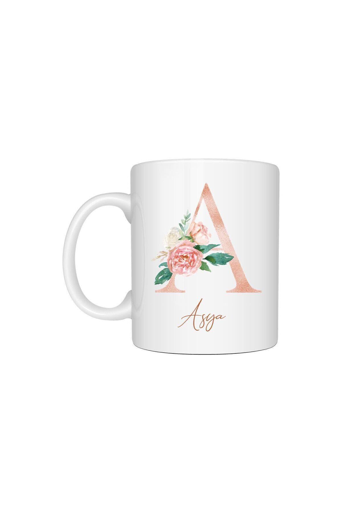 Kişiye Özel Çiçekli Harf Baskılı Beyaz Kupa Bardak Fincan Mug