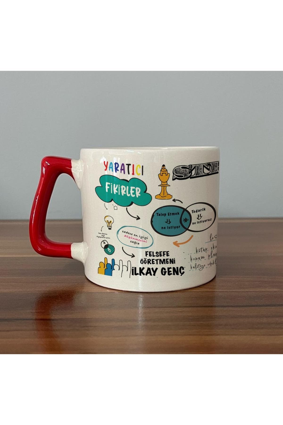 Kişiye Özel Felsefe Öğretmeni Baskılı Kırmızı Kulplu Prime Kupa - Öğretmene Hediye Bardak Fincan Mug